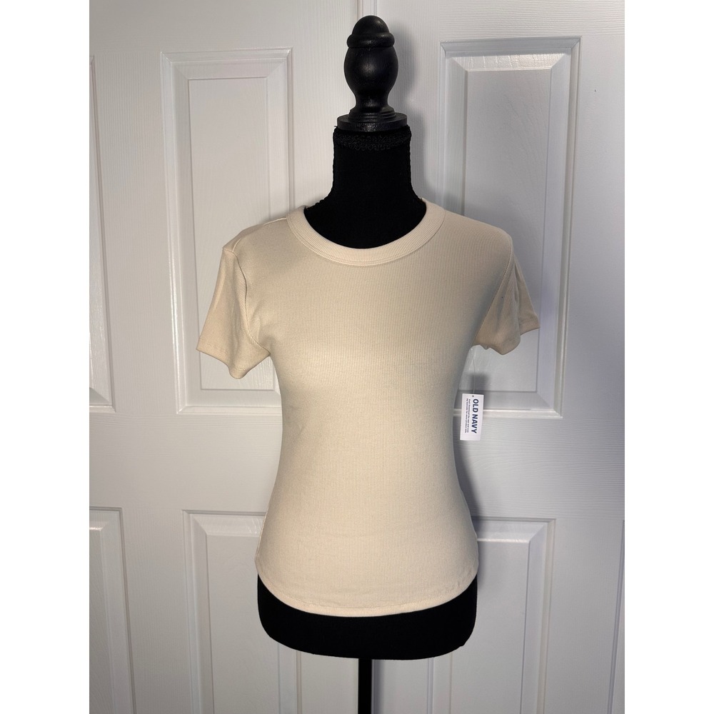 Old Navy Womens Snug Ribbed Short Sleeve Crew Neck Tee Beige Small NWT